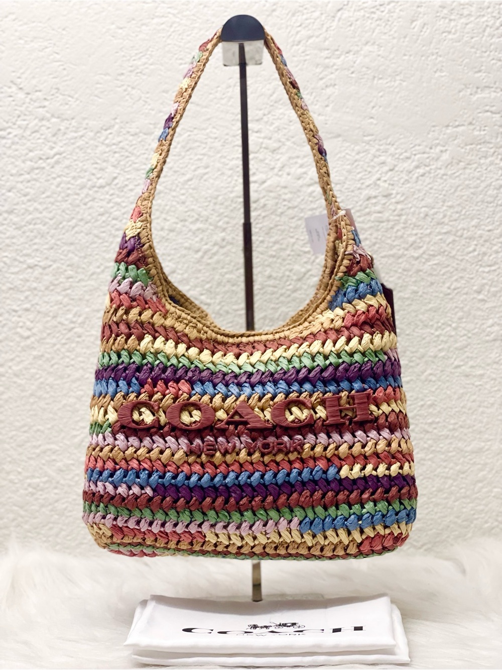NWT COACH Brooklyn 28 Shoulder Bag in Woven Rainbow Multi Straw CDZ29